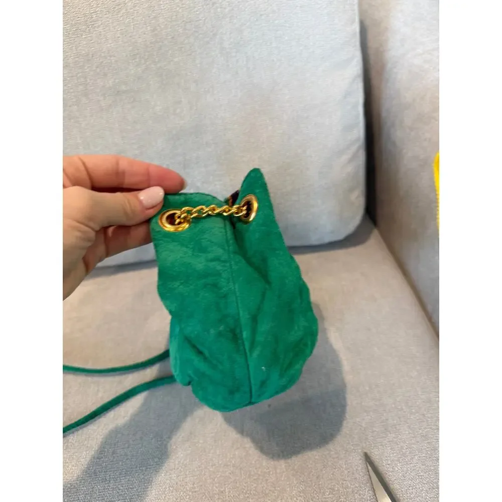 Nine West Crossbody Bag‎ Women Green Suede Drawstring Chain Strap Gold Hardware